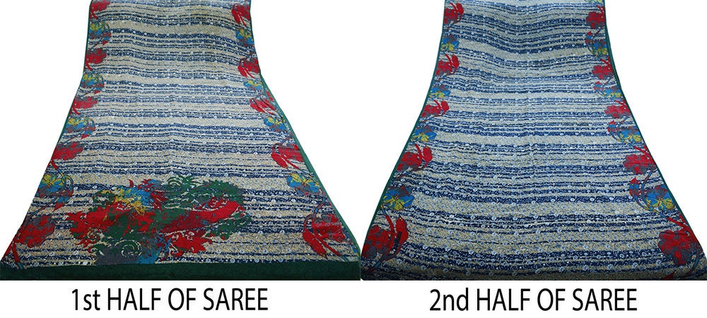 Indian Vintage Sari Beige & Blue Pure Crepe Silk Printed Saree 5yard Sewing Floral Soft Craft Fabric Wrap