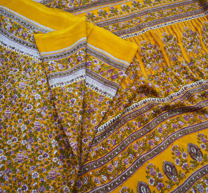 Indian Vintage Sari Saffron 100% Pure Silk Printed Saree 6yd Sewing Craft Fabric DressMaking Soft Wrap Floral Abstract