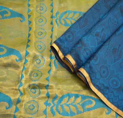 Vintage Blue Hand Woven Saree 100% Pure Silk Indian Sari Metallic Golden Zari 5Yard Floral Design