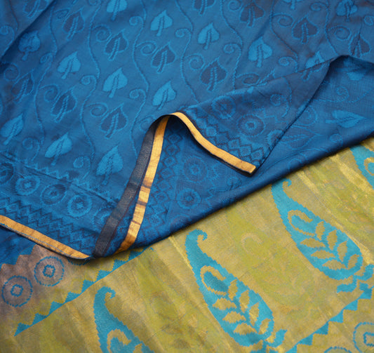 Vintage Blue Hand Woven Saree 100% Pure Silk Indian Sari Metallic Golden Zari 5Yard Floral Design