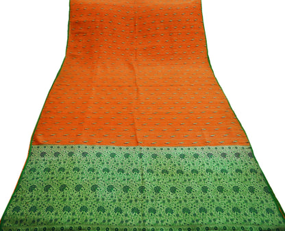 Indian Vintage Sari Green & Orange Hand Woven 100% Pure Silk Saree Fabric 5Yard Silk Sari Ethnic Floral