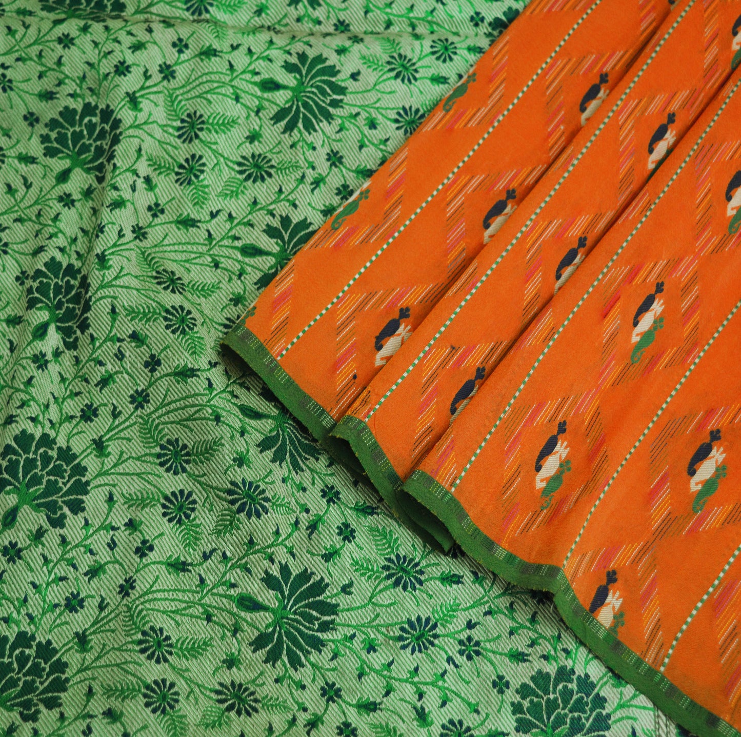 Indian Vintage Sari Green & Orange Hand Woven 100% Pure Silk Saree Fabric 5Yard Silk Sari Ethnic Floral