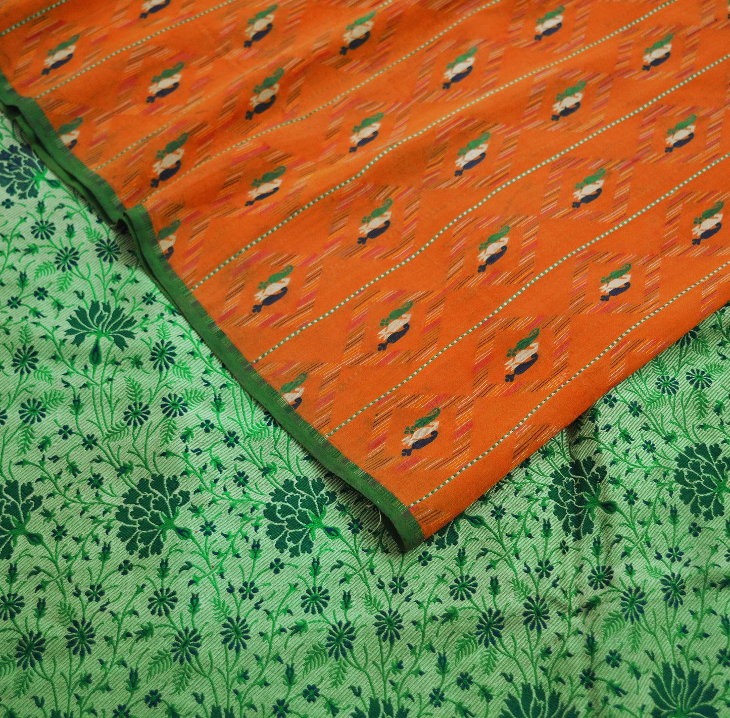 Indian Vintage Sari Green & Orange Hand Woven 100% Pure Silk Saree Fabric 5Yard Silk Sari Ethnic Floral