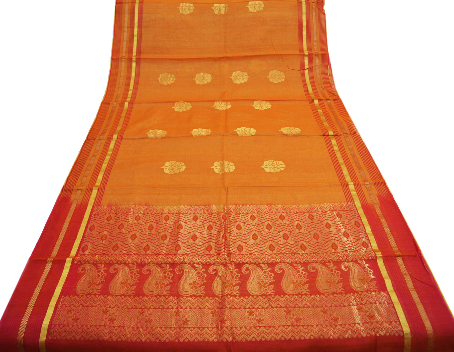 Vintage Sari Red & Saffron Hand Woven Pure Silk Saree Golden Zari 5Yard Soft Floral Ethnic