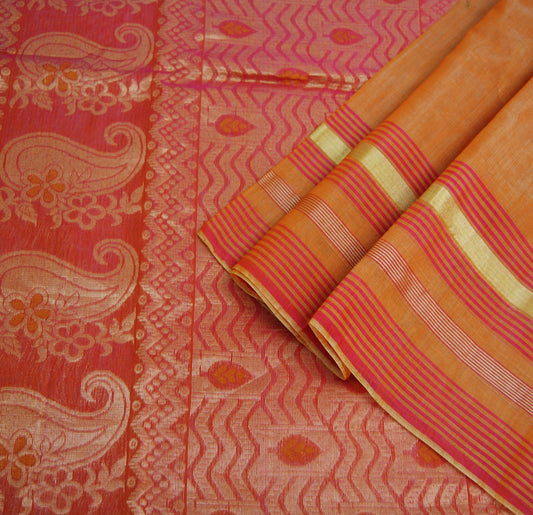 Vintage Sari Red & Saffron Hand Woven Pure Silk Saree Golden Zari 5Yard Soft Floral Ethnic