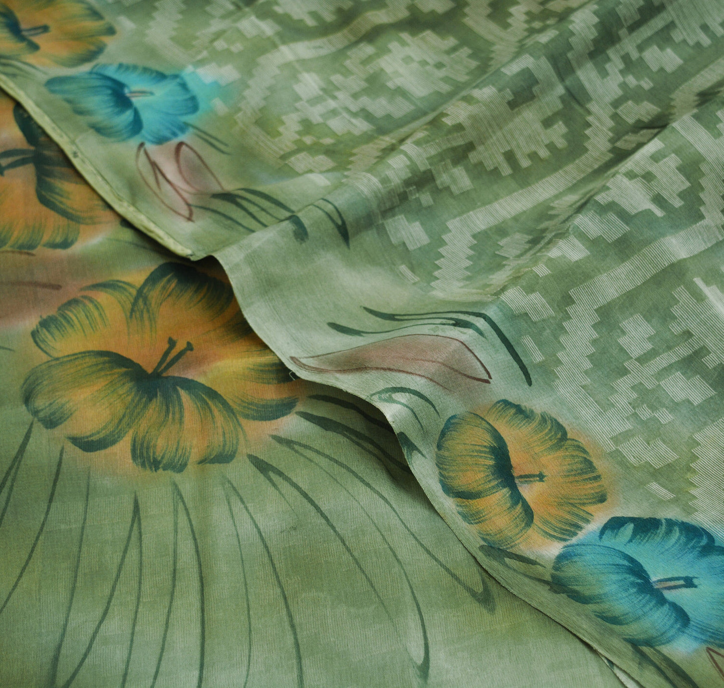 Vintage Green Sari 100% Pure Silk Hand Woven/Printed Sarees Fabric 6yard Sewing Soft Dress Designing Crafting