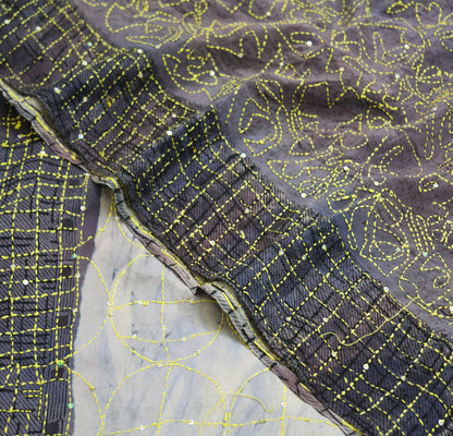 Indian Vintage Sari Dusty Purple Pure Crepe Silk Tie-dye Hand Embroidered Kantha Saree 6yard Sewing Floral