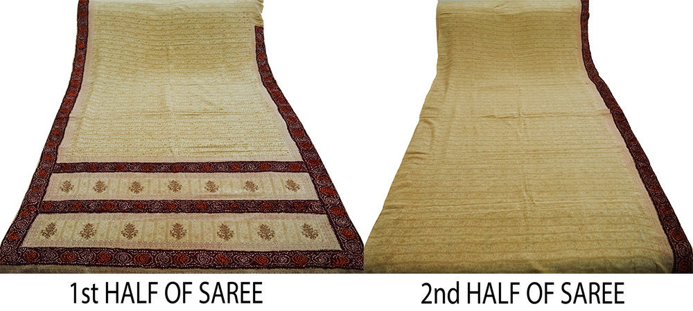 Indian Vintage Sari Beige Pure Crepe Silk Block Printed Saree 5yard Sewing Quilting Soft Craft Fabric Wrap Bandhani Border