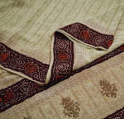 Indian Vintage Sari Beige Pure Crepe Silk Block Printed Saree 5yard Sewing Quilting Soft Craft Fabric Wrap Bandhani Border