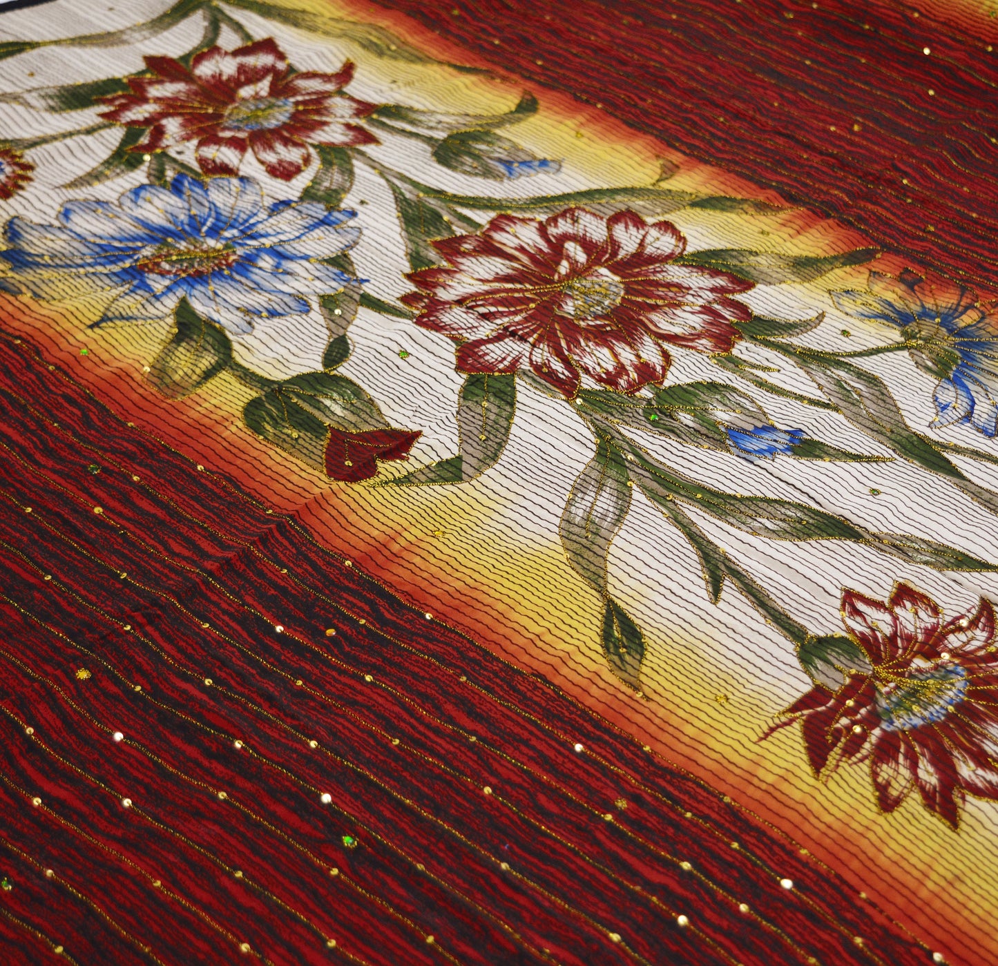 Indian Vintage Sari Orange & Cream Pure Crepe Silk Hand Embroidered Saree 5yard Sewing Floral Craft Sequins
