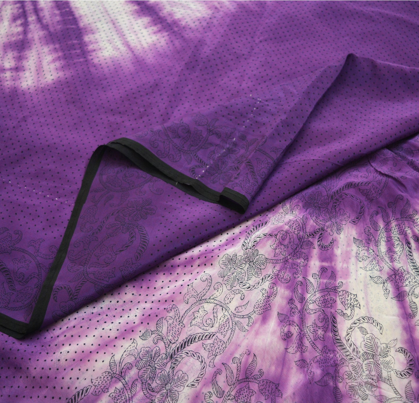 Indian Vintage Sari Purple & White Pure Crepe Silk Tie-Dye Printed Saree 6yard Sewing Ethnic Wrap