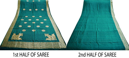 Indian Vintage Sari Bottle Green Heavy Pure Silk Woven Banarasi Brocade Saree Golden Zari 5Yard Saree Dress