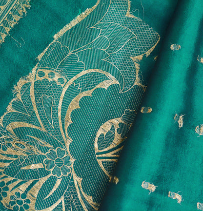 Indian Vintage Sari Bottle Green Heavy Pure Silk Woven Banarasi Brocade Saree Golden Zari 5Yard Saree Dress