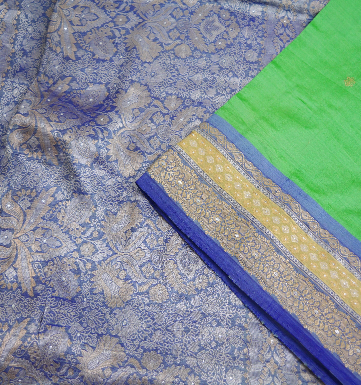 Indian Vintage Saree Blue & Green Hand Woven Pure Silk Indian Sari Fabric 5Yard Ethnic Floral Golden Zari Saree Dress