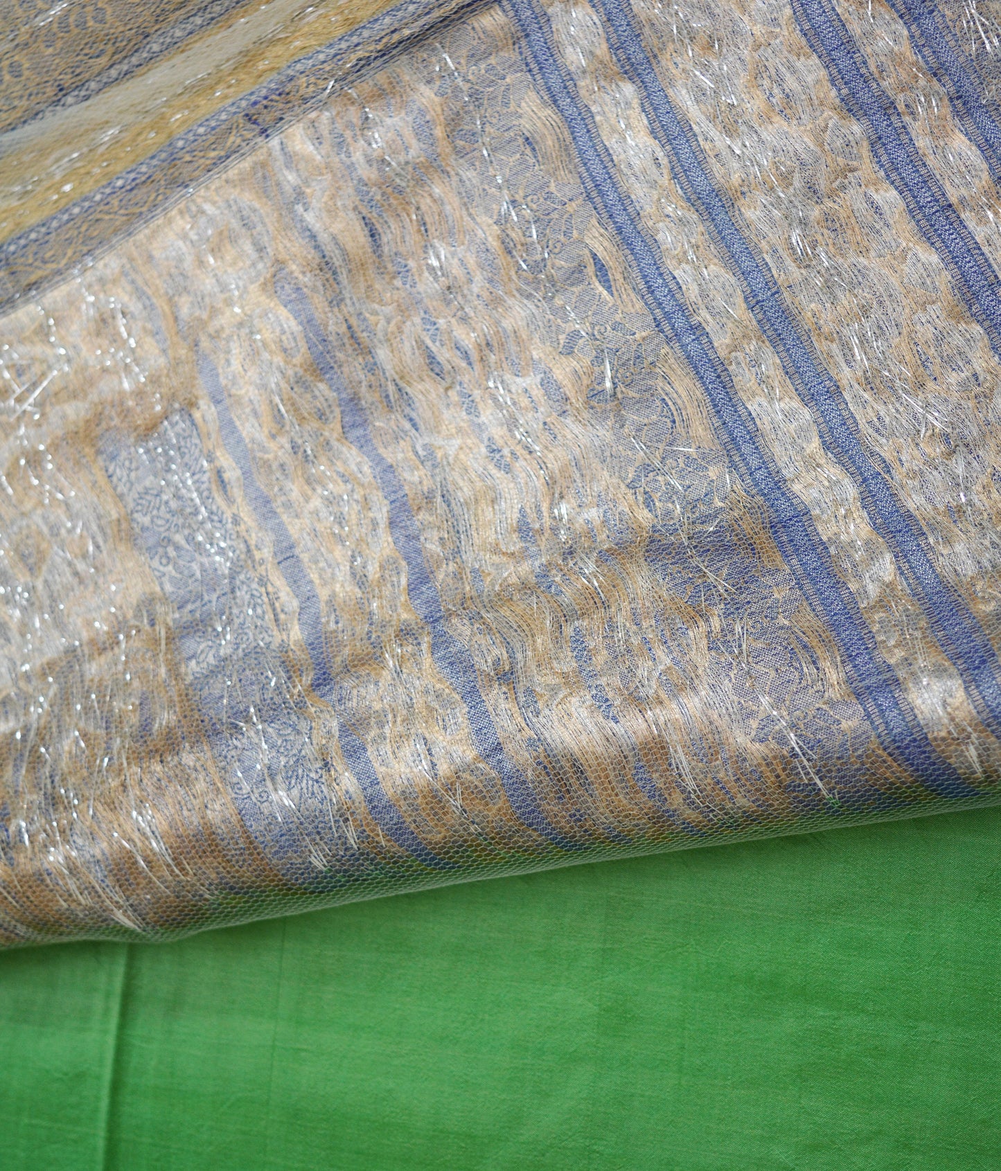 Indian Vintage Saree Blue & Green Hand Woven Pure Silk Indian Sari Fabric 5Yard Ethnic Floral Golden Zari Saree Dress