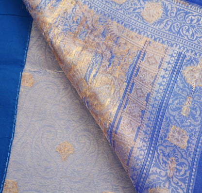 Indian Vintage Blue Sarees Pure Organza Silk Woven Indian Sari Fabric 5Yard Sewing Ethnic Golden Zari Floral