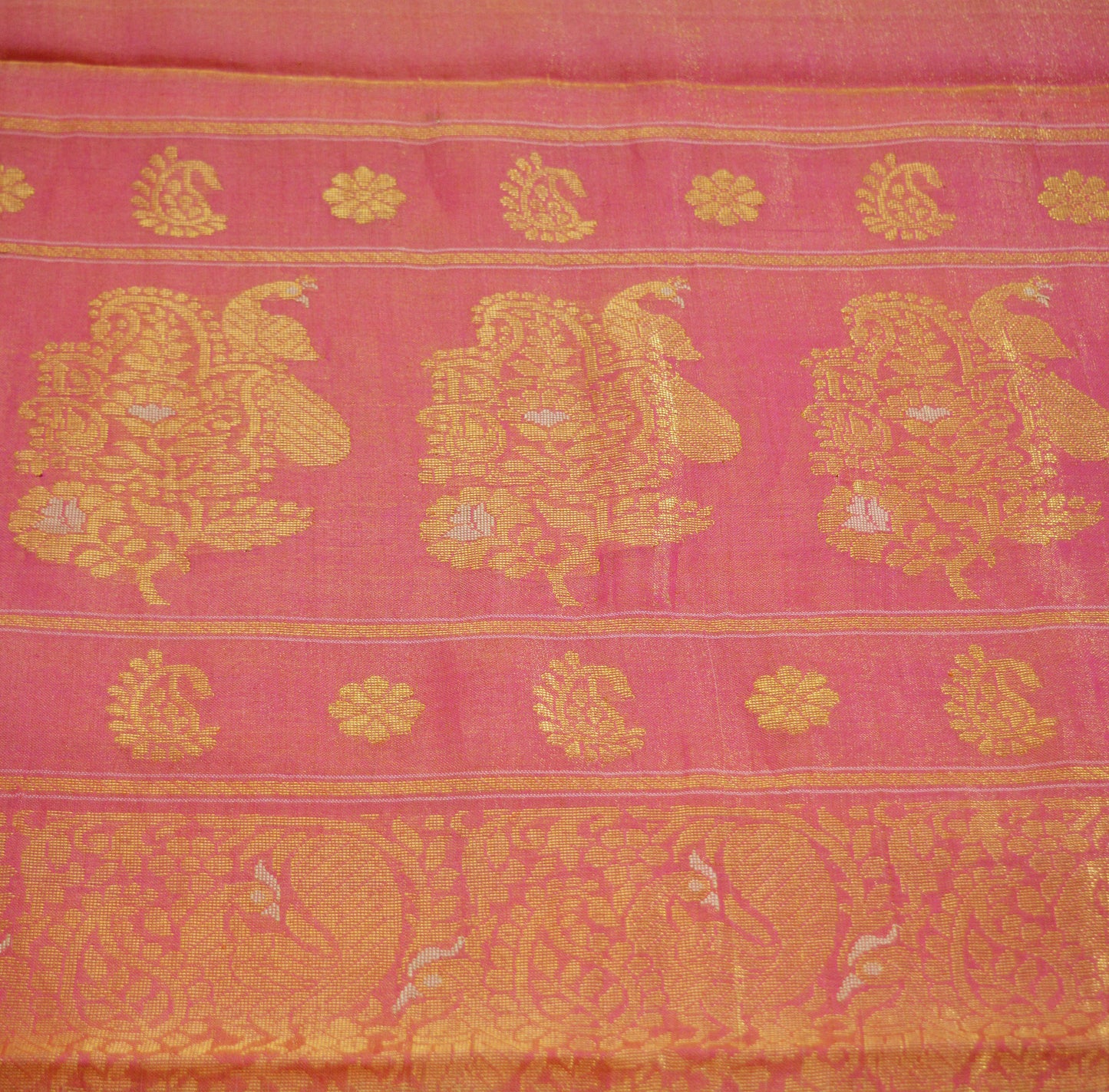 Indian Vintage Heavy Saree Pink & Golden Hand Woven Kanjivaram 100% Pure Silk Indian Sari Fabric 5Yard Ethnic Zari