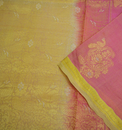 Indian Vintage Heavy Saree Pink & Golden Hand Woven Kanjivaram 100% Pure Silk Indian Sari Fabric 5Yard Ethnic Zari