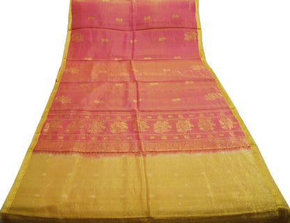 Indian Vintage Heavy Saree Pink & Golden Hand Woven Kanjivaram 100% Pure Silk Indian Sari Fabric 5Yard Ethnic Zari