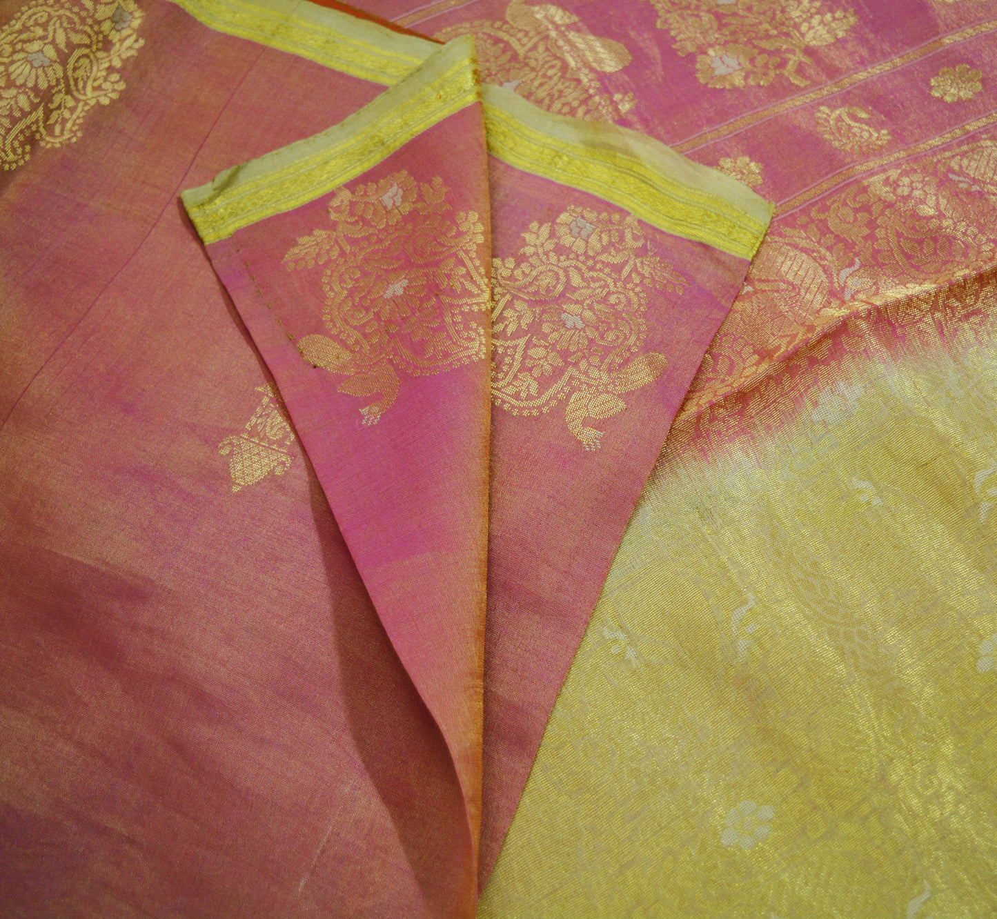 Indian Vintage Heavy Saree Pink & Golden Hand Woven Kanjivaram 100% Pure Silk Indian Sari Fabric 5Yard Ethnic Zari