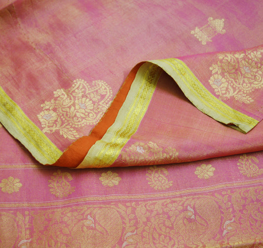 Indian Vintage Heavy Saree Pink & Golden Hand Woven Kanjivaram 100% Pure Silk Indian Sari Fabric 5Yard Ethnic Zari