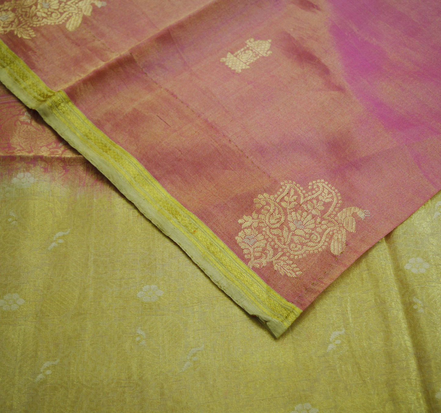 Indian Vintage Heavy Saree Pink & Golden Hand Woven Kanjivaram 100% Pure Silk Indian Sari Fabric 5Yard Ethnic Zari