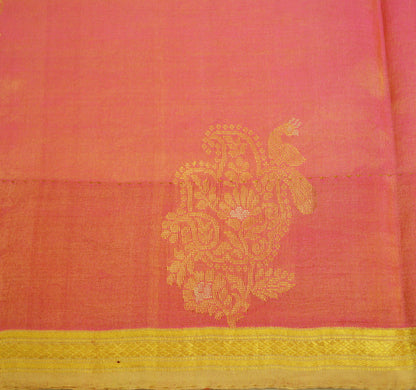 Indian Vintage Heavy Saree Pink & Golden Hand Woven Kanjivaram 100% Pure Silk Indian Sari Fabric 5Yard Ethnic Zari