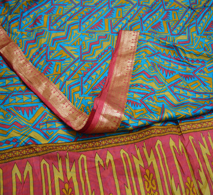 Indian Vintage Sari Pink & Blue 100% Pure Silk Printed Saree Fabric 5yard Sewing Craft DressMaking  Soft Floral Zari