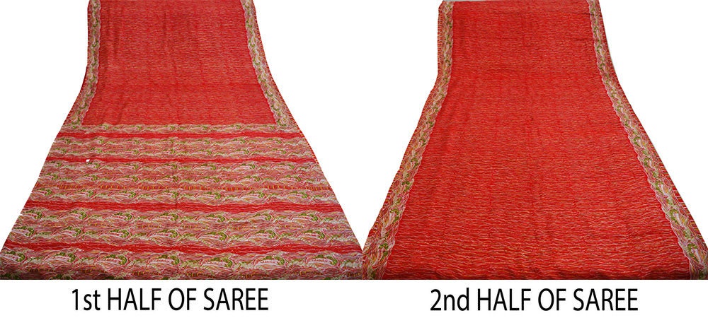 Indian Vintage Sari Red 100% Pure Silk Printed Saree Fabric 5yard Sewing Craft DressMaking Soft Saree Dress