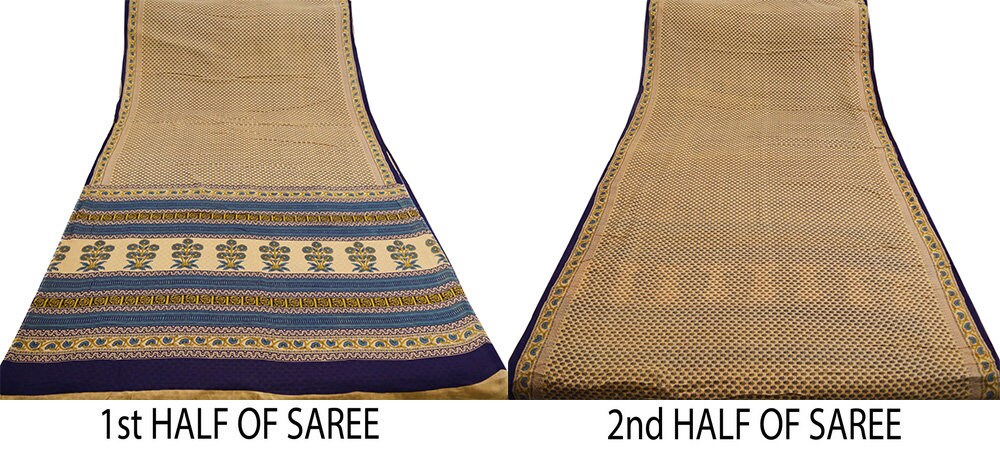 Indian Vintage Sari Blue & Beige Printed 100% Pure Cotton Saree Craft Soft Fabric 5Yard Sewing Sarong Wrap Floral