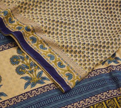 Indian Vintage Sari Blue & Beige Printed 100% Pure Cotton Saree Craft Soft Fabric 5Yard Sewing Sarong Wrap Floral