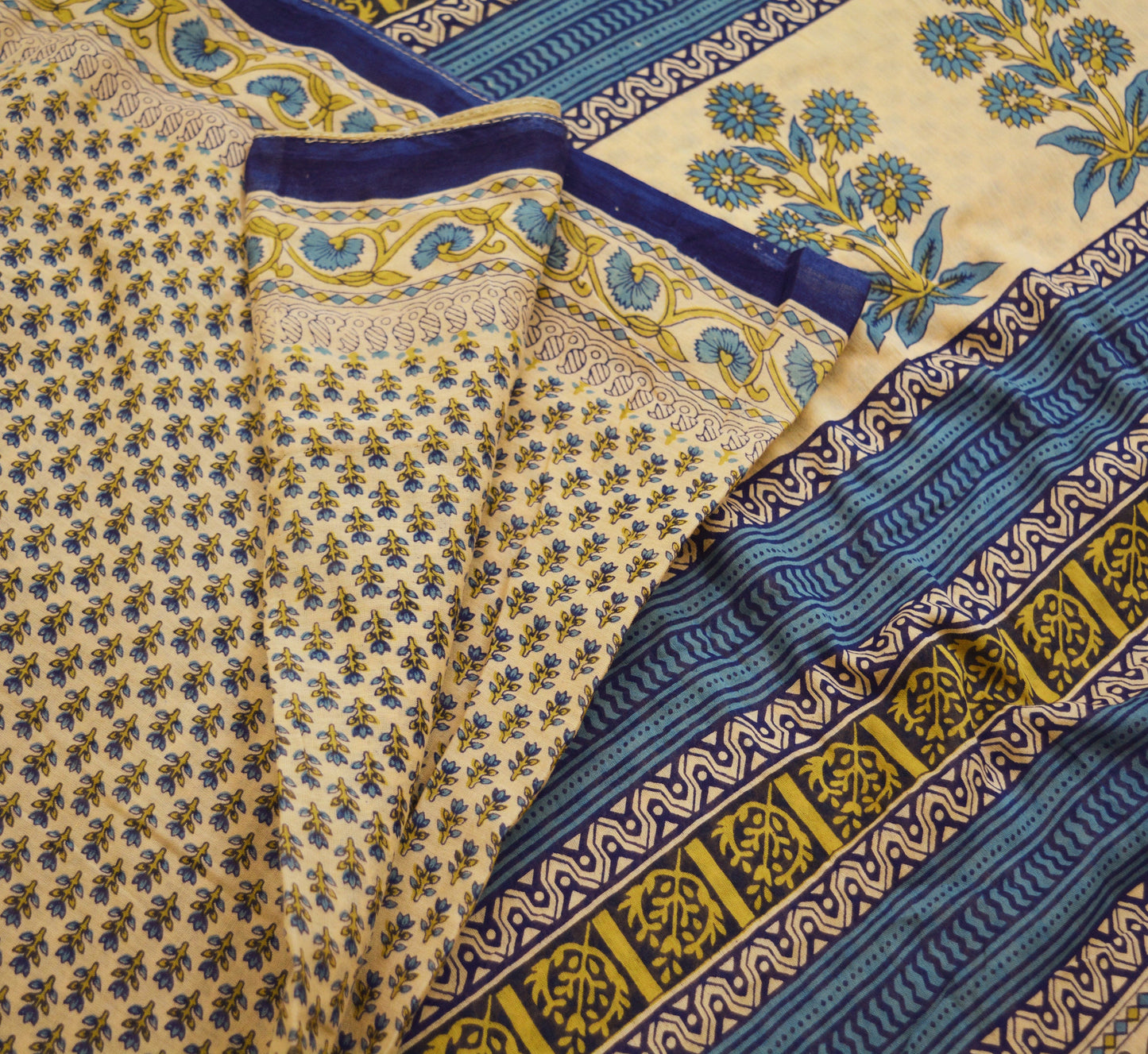 Indian Vintage Sari Blue & Beige Printed 100% Pure Cotton Saree Craft Soft Fabric 5Yard Sewing Sarong Wrap Floral