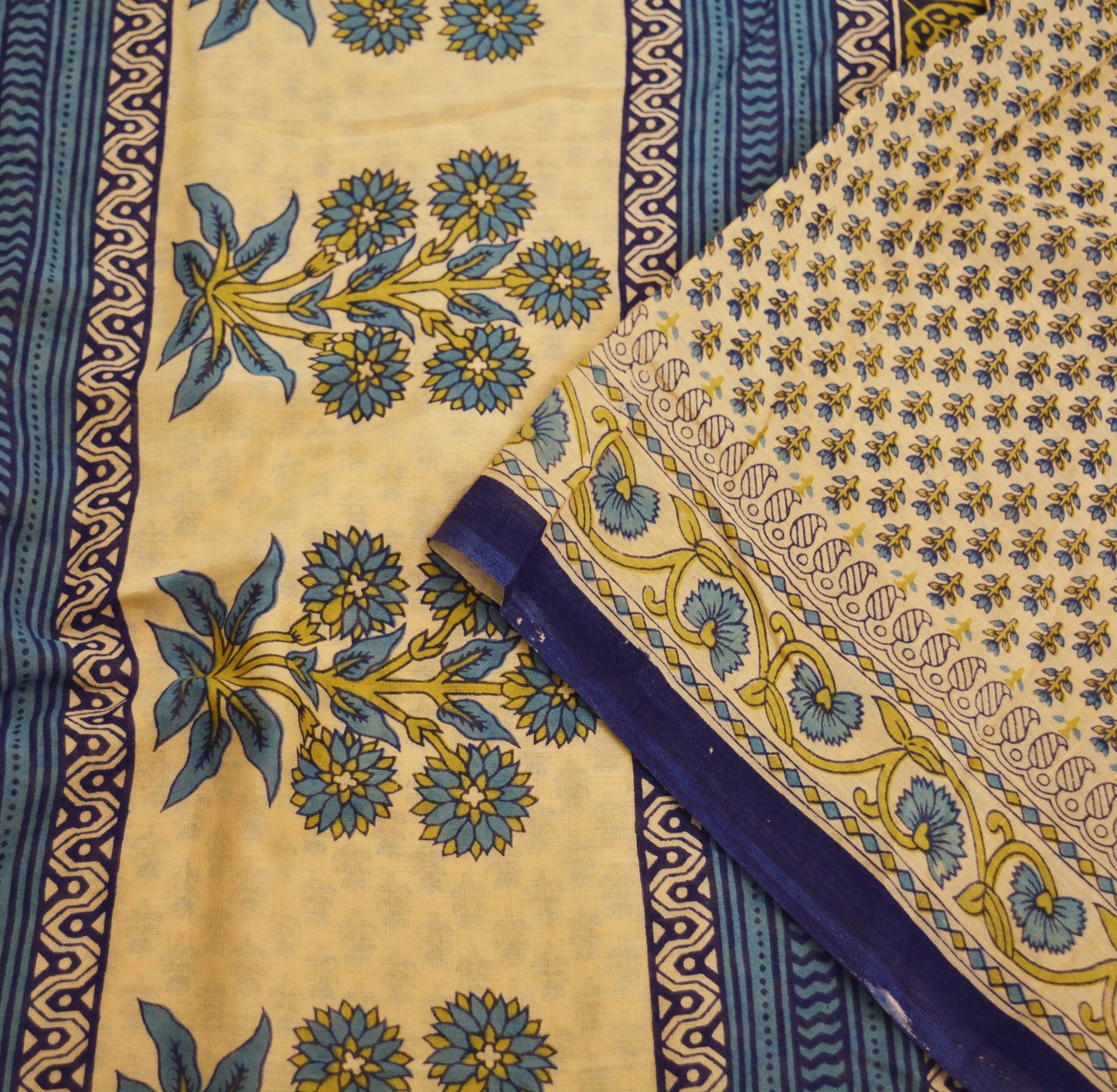 Indian Vintage Sari Blue & Beige Printed 100% Pure Cotton Saree Craft Soft Fabric 5Yard Sewing Sarong Wrap Floral