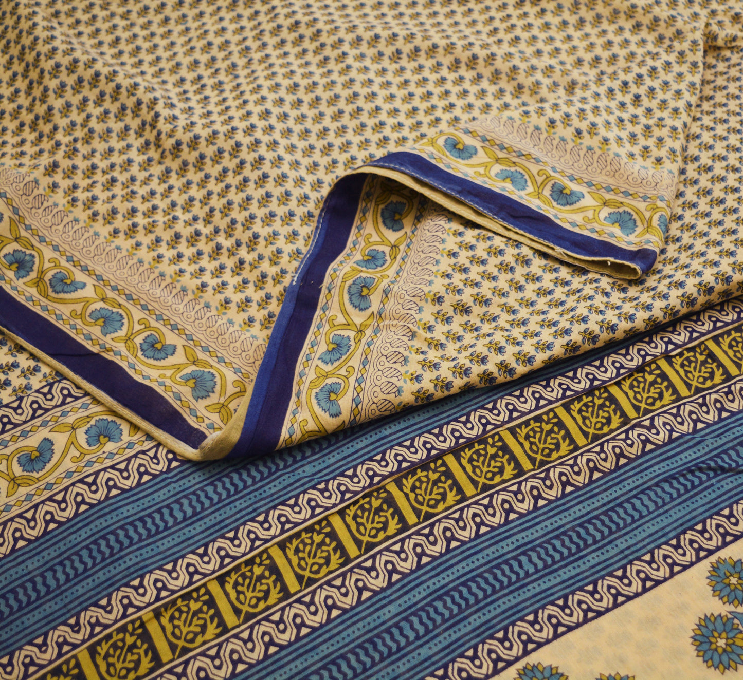 Indian Vintage Sari Blue & Beige Printed 100% Pure Cotton Saree Craft Soft Fabric 5Yard Sewing Sarong Wrap Floral