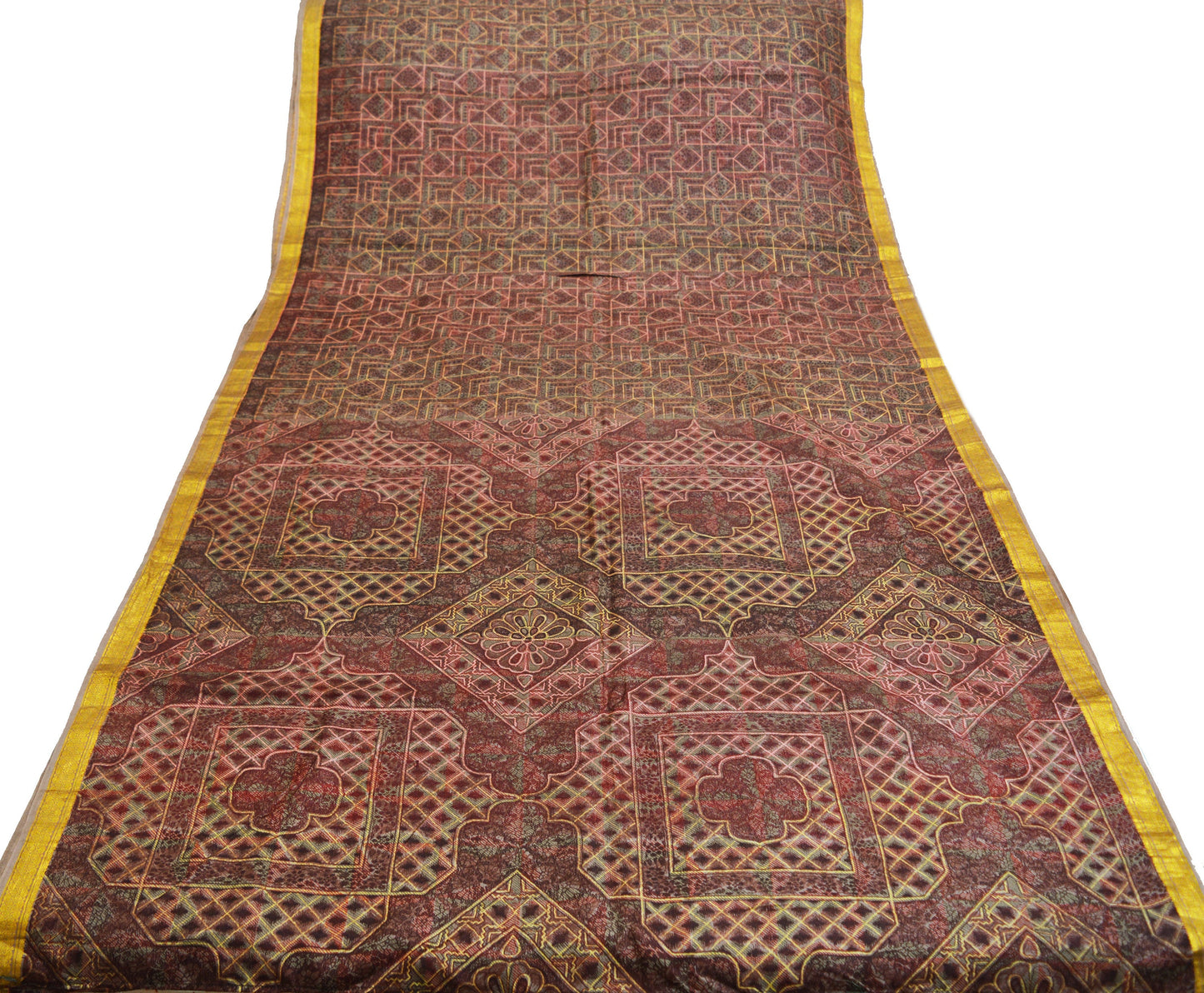 Indian Vintage Sari Brown Pure Silk Printed Saree Craft Fabric 6yard Sewing DressMaking Soft Wrap Abstract Zari