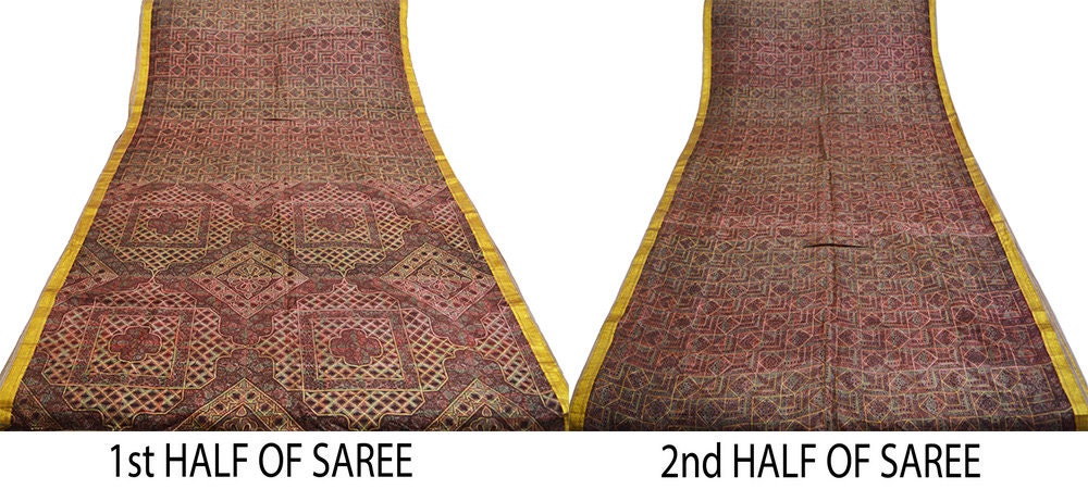 Indian Vintage Sari Brown Pure Silk Printed Saree Craft Fabric 6yard Sewing DressMaking Soft Wrap Abstract Zari