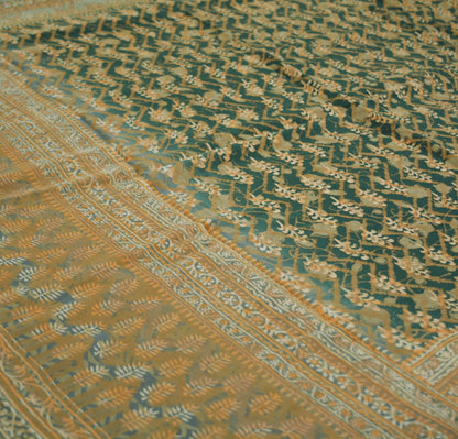 Indian Vintage Sari Green & Gray Pure Crepe Silk Block Printed Saree 5yard Sewing Floral Soft Craft Fabric Wrap