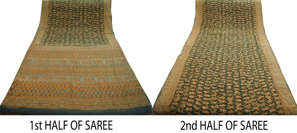 Indian Vintage Sari Green & Gray Pure Crepe Silk Block Printed Saree 5yard Sewing Floral Soft Craft Fabric Wrap