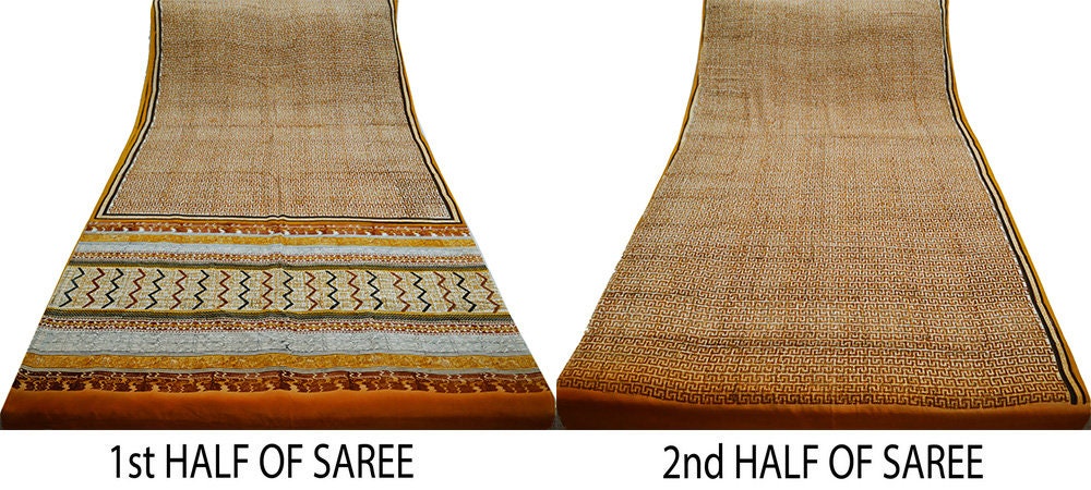 Indian Vintage Sari Cream & Saffron Pure Crepe Silk Printed Saree 5yard Sewing Soft Craft Fabric Ethnic Wrap