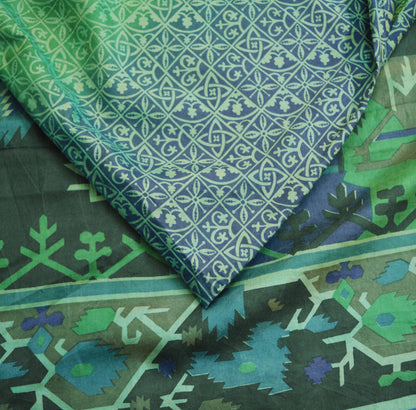 Indian Vintage Sari Green & Blue 100% Pure Silk Printed Saree Fabric 5yd Sewing Craft Fabric DressMaking  Soft Wrap