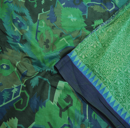 Indian Vintage Sari Green & Blue 100% Pure Silk Printed Saree Fabric 5yd Sewing Craft Fabric DressMaking  Soft Wrap