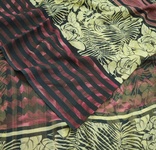 Women Vintage Sari Beige & Black Pure Chiffon Silk Printed Saree Craft Fabric Sewing 5Yard Soft Light Sari Dress Making