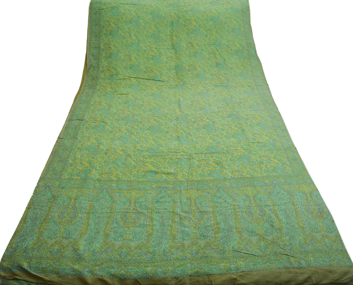 Indian Vintage Sari Green & Yellow 100% Pure Silk Printed Sarees Fabric 5yd Sewing Craft Fabric DressMaking Soft