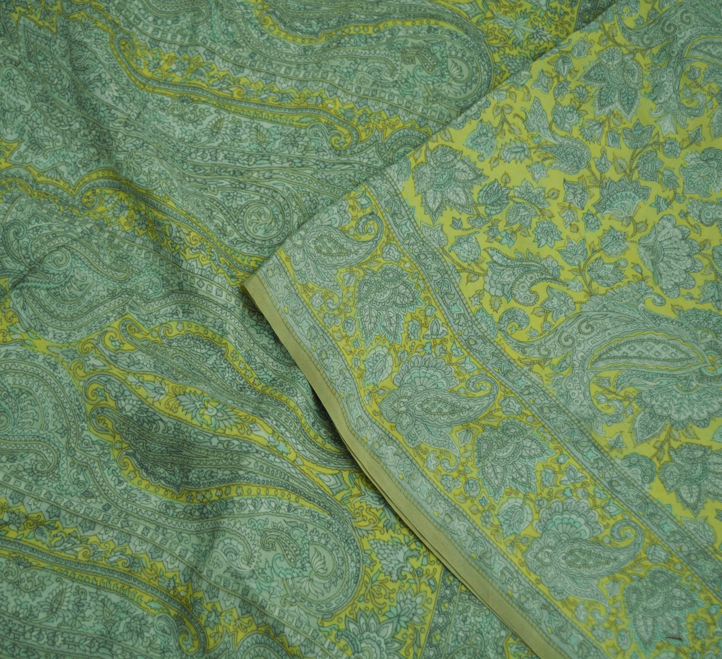 Indian Vintage Sari Green & Yellow 100% Pure Silk Printed Sarees Fabric 5yd Sewing Craft Fabric DressMaking Soft