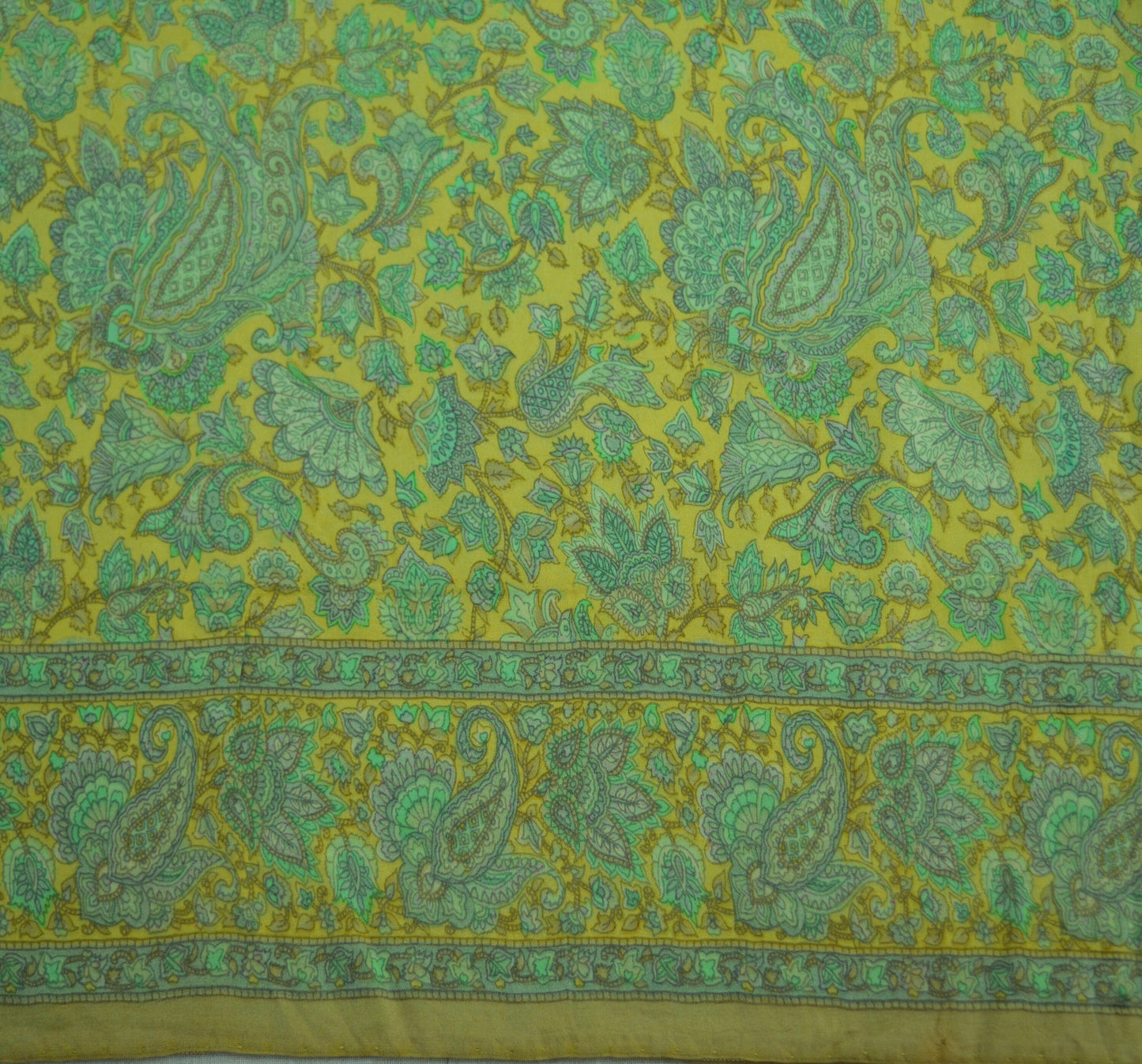 Indian Vintage Sari Green & Yellow 100% Pure Silk Printed Sarees Fabric 5yd Sewing Craft Fabric DressMaking Soft