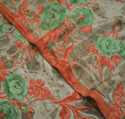 Vintage Sari Brown 100% Pure Silk Printed Saree Fabric 5yard Sewing Floral Soft Dress Designing for Crafting ,Paisley