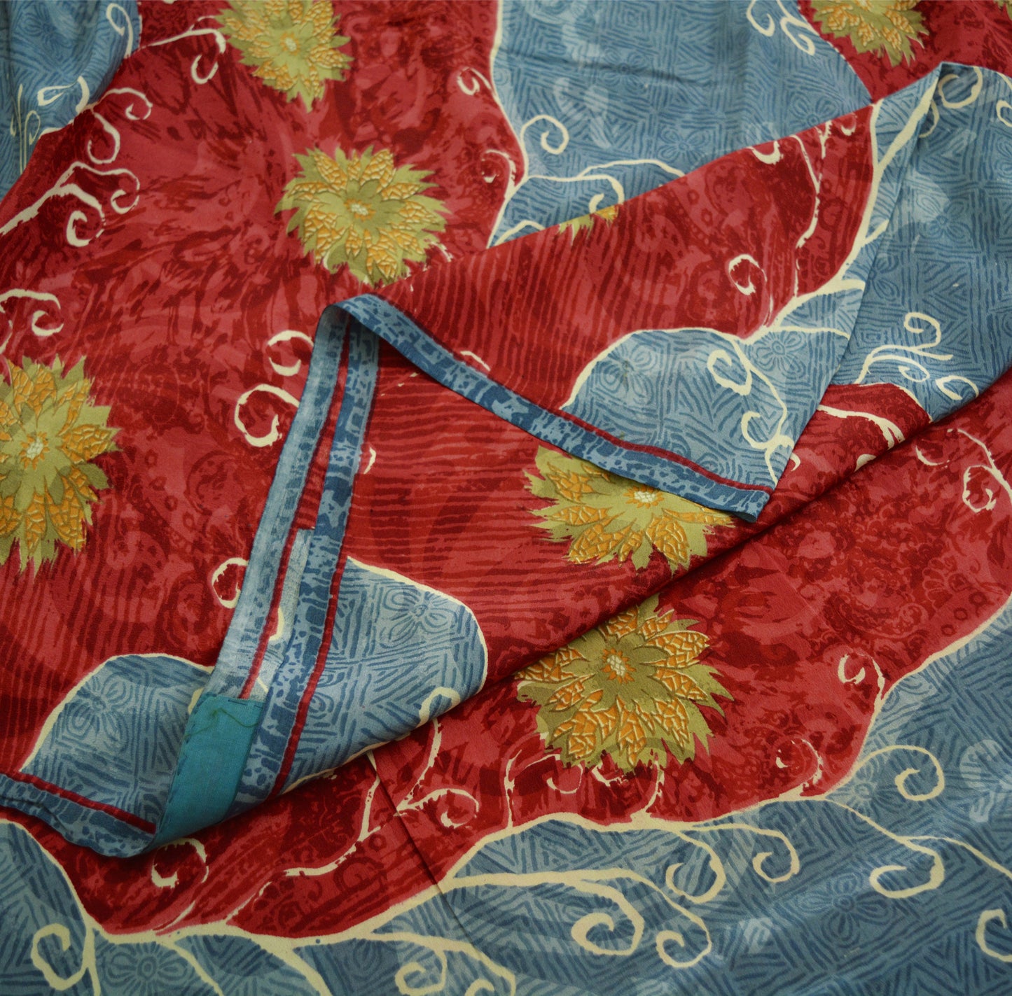 Indian Vintage Sari Red & Gray Pure Crepe Silk Printed Saree 5yard Sewing Floral Soft Craft Fabric Wrap