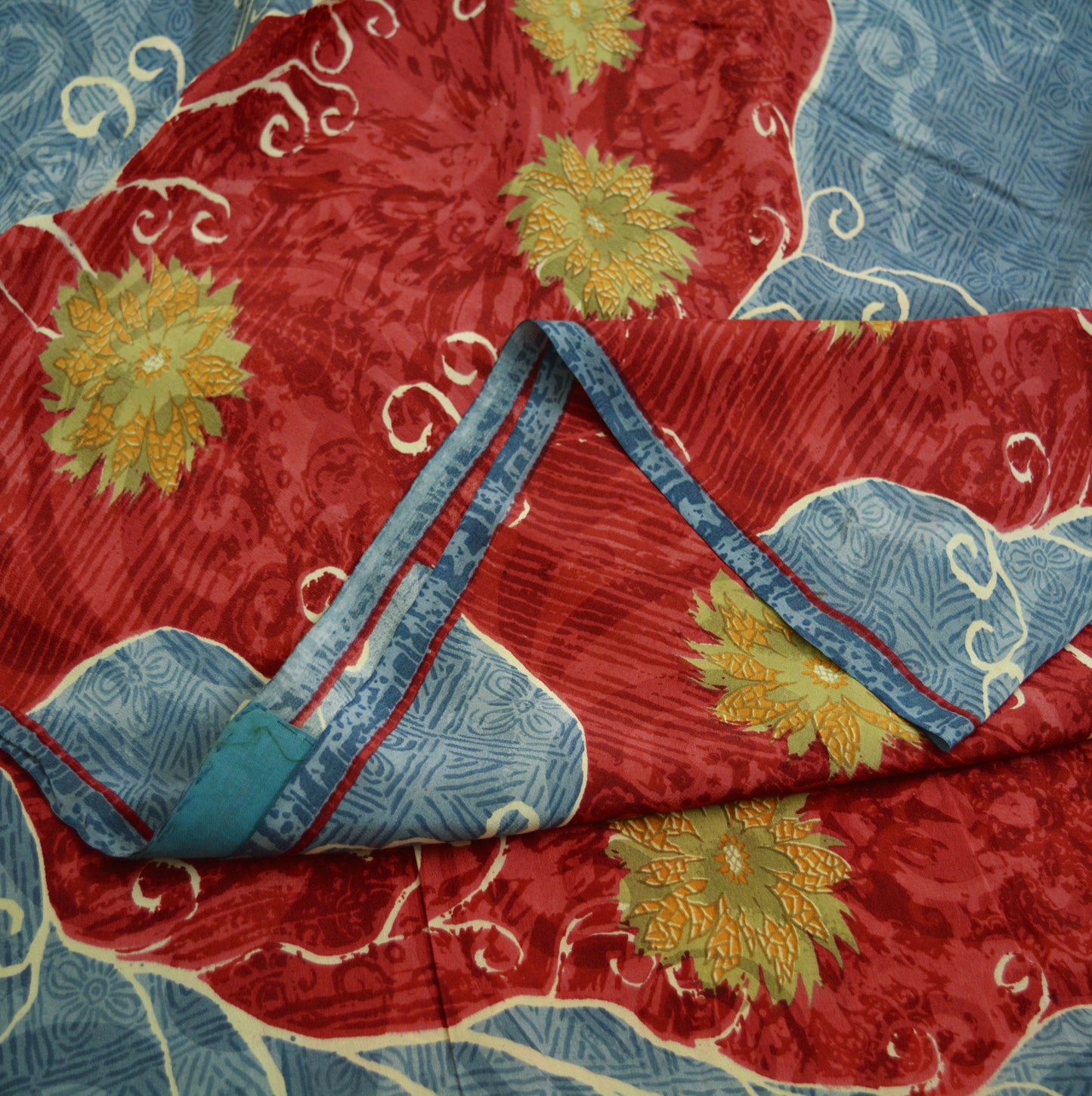 Indian Vintage Sari Red & Gray Pure Crepe Silk Printed Saree 5yard Sewing Floral Soft Craft Fabric Wrap