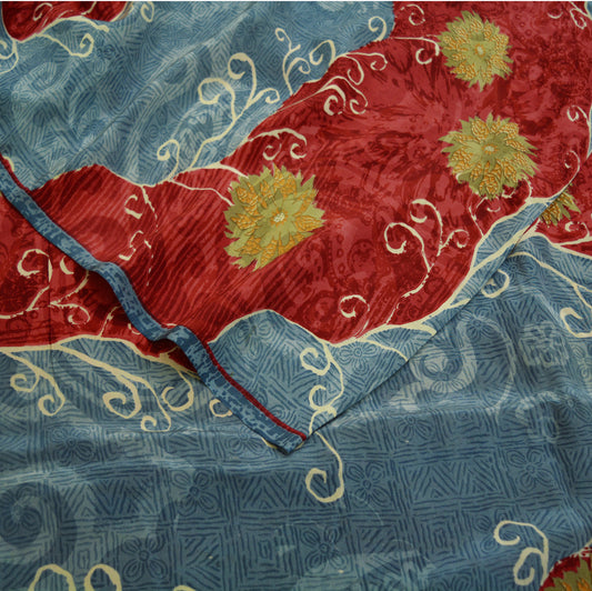 Indian Vintage Sari Red & Gray Pure Crepe Silk Printed Saree 5yard Sewing Floral Soft Craft Fabric Wrap