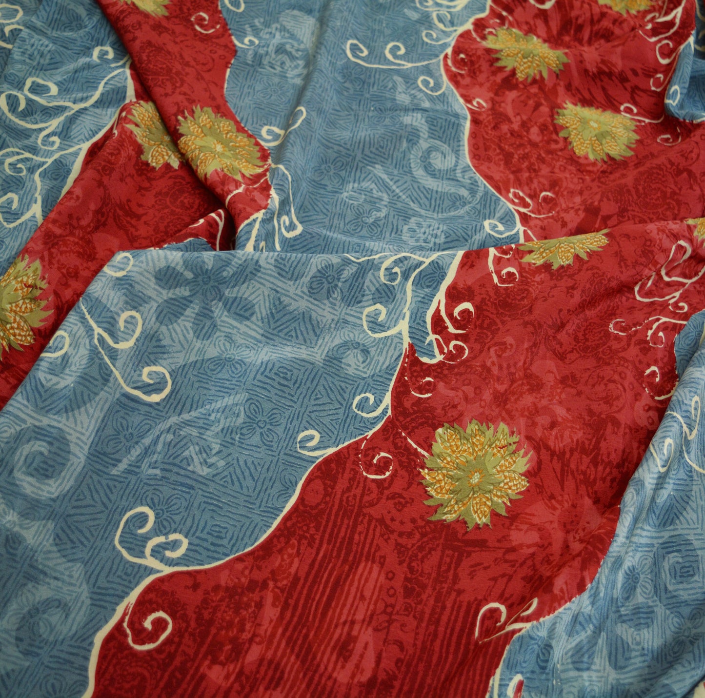Indian Vintage Sari Red & Gray Pure Crepe Silk Printed Saree 5yard Sewing Floral Soft Craft Fabric Wrap